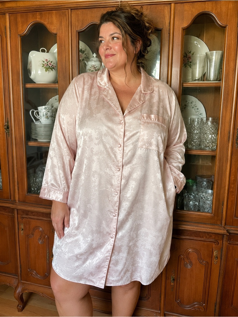 vintage coquette fairycore blush pink jacquard satin sleep shirt nightgown xl